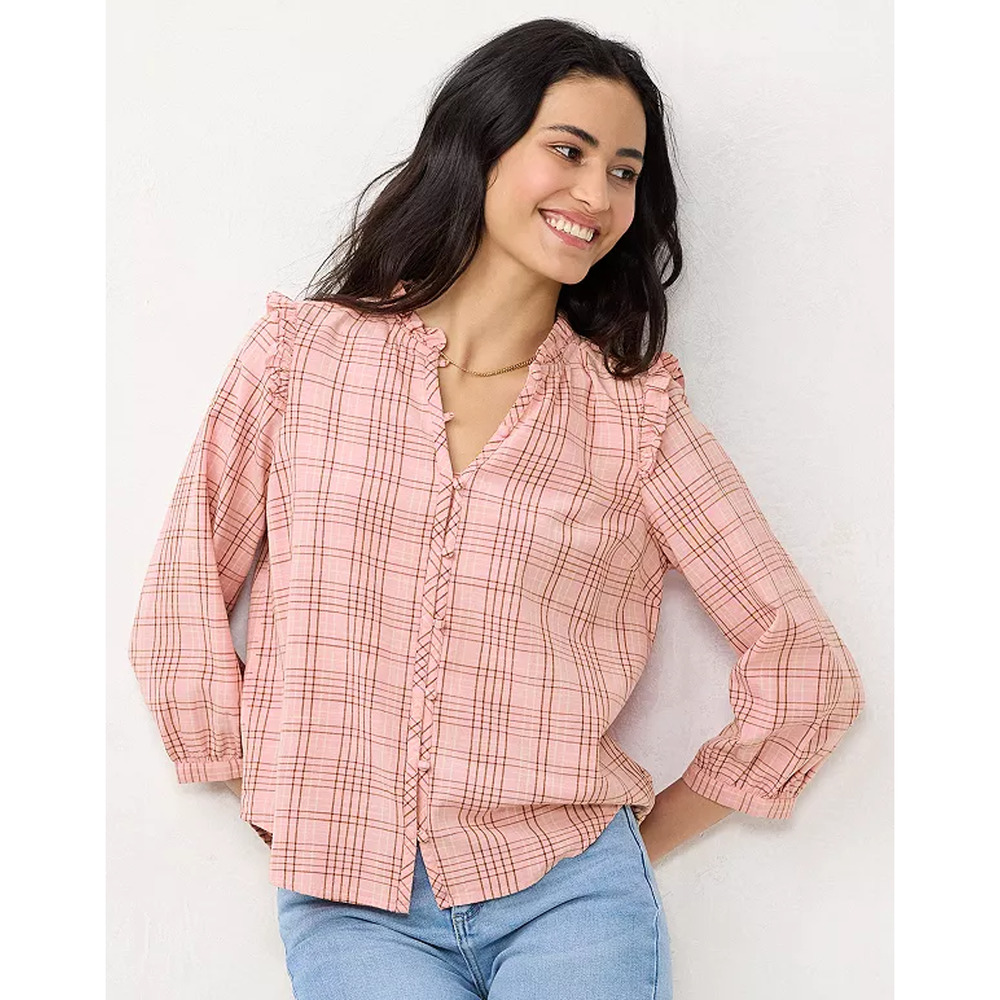 LC Lauren Conrad Pink Plaid Ruffle 3/4 Sleeve Boho Peasant Top Womans Size 0X